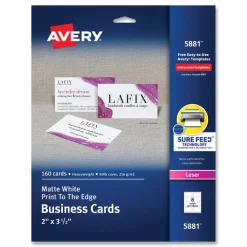 Avery Print-to-the-Edge Microperforated Business Cards with Sure Feed Technology, Laser, 2 x 3.5, White, 8/Sheet, 20 Sheets/Pack