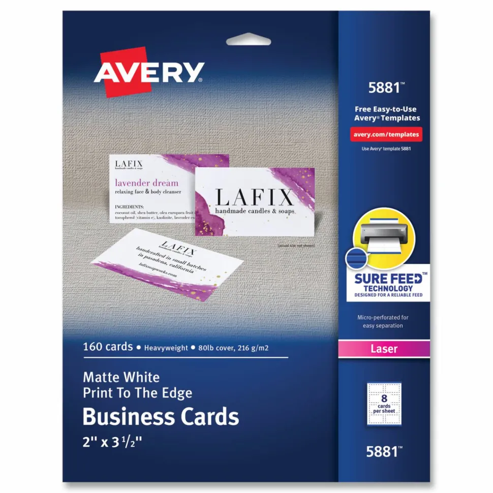 Avery Print-to-the-Edge Microperforated Business Cards with Sure Feed Technology, Laser, 2 x 3.5, White, 8/Sheet, 20 Sheets/Pack