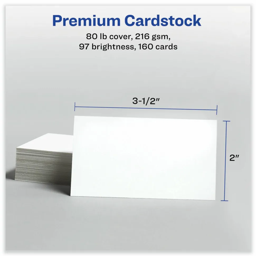 Avery Print-to-the-Edge Microperforated Business Cards with Sure Feed Technology, Laser, 2 x 3.5, White, 8/Sheet, 20 Sheets/Pack