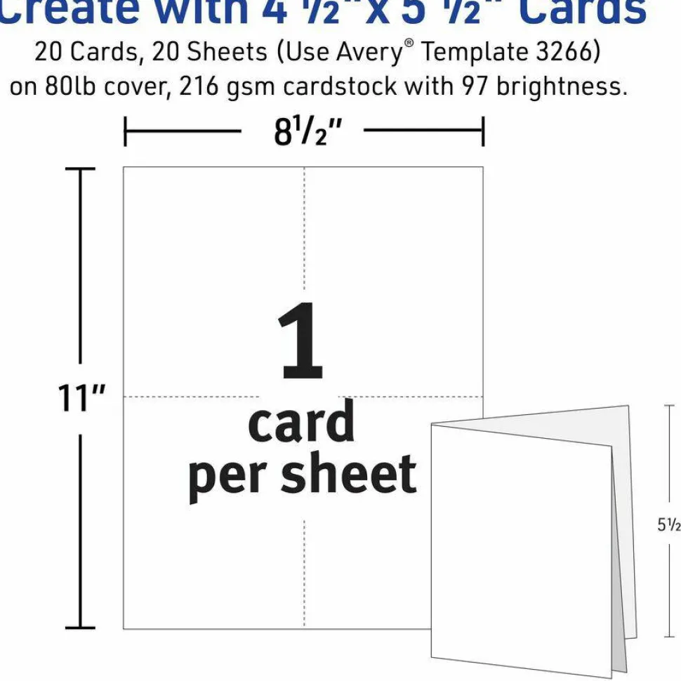 Avery Quarter-Fold Greeting Card Stock With Envelopes, Matte White, 4.25" x 5.5", 80 Lb, Pack Of 20