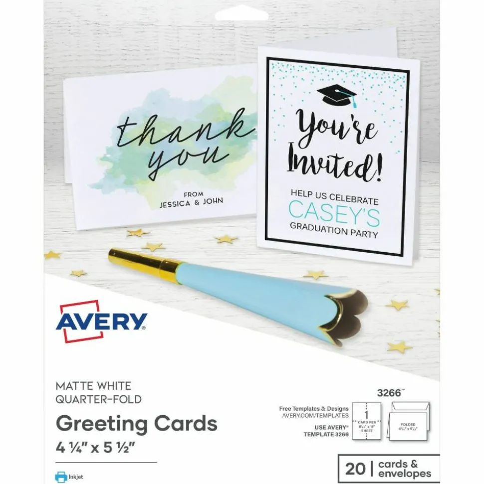 Avery Quarter-Fold Greeting Card Stock With Envelopes, Matte White, 4.25" x 5.5", 80 Lb, Pack Of 20