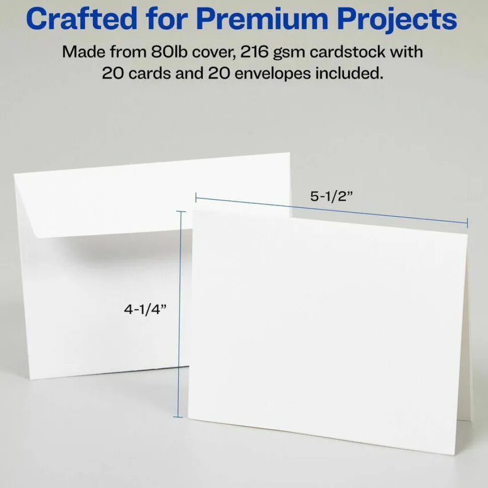Avery Quarter-Fold Greeting Card Stock With Envelopes, Matte White, 4.25" x 5.5", 80 Lb, Pack Of 20