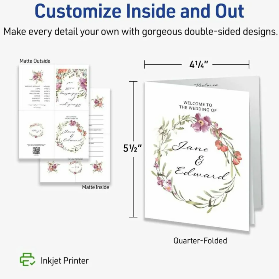 Avery Quarter-Fold Greeting Card Stock With Envelopes, Matte White, 4.25" x 5.5", 80 Lb, Pack Of 20