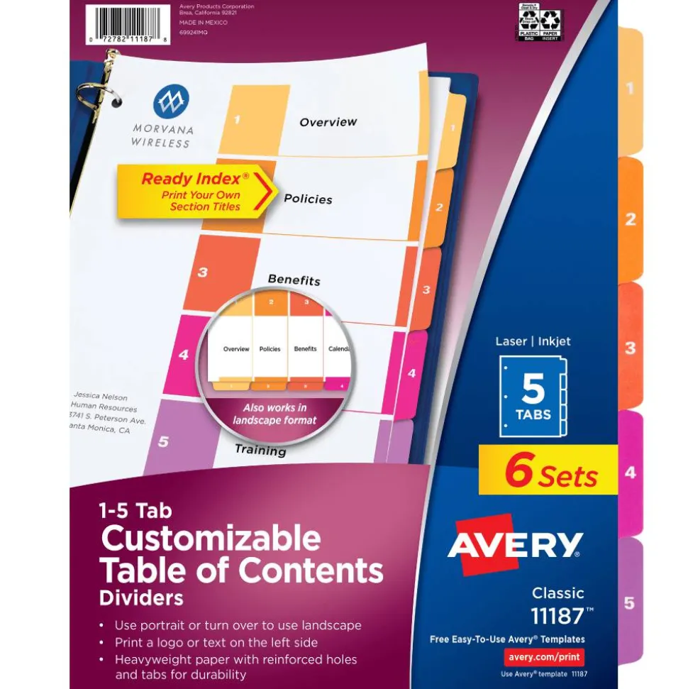 Avery Ready Index 1-5 Tab Binder Dividers With Customizable Table Of Contents, 8-1/2" x 11", 5 Tab, White/Multicolor, Pack Of 6 Sets