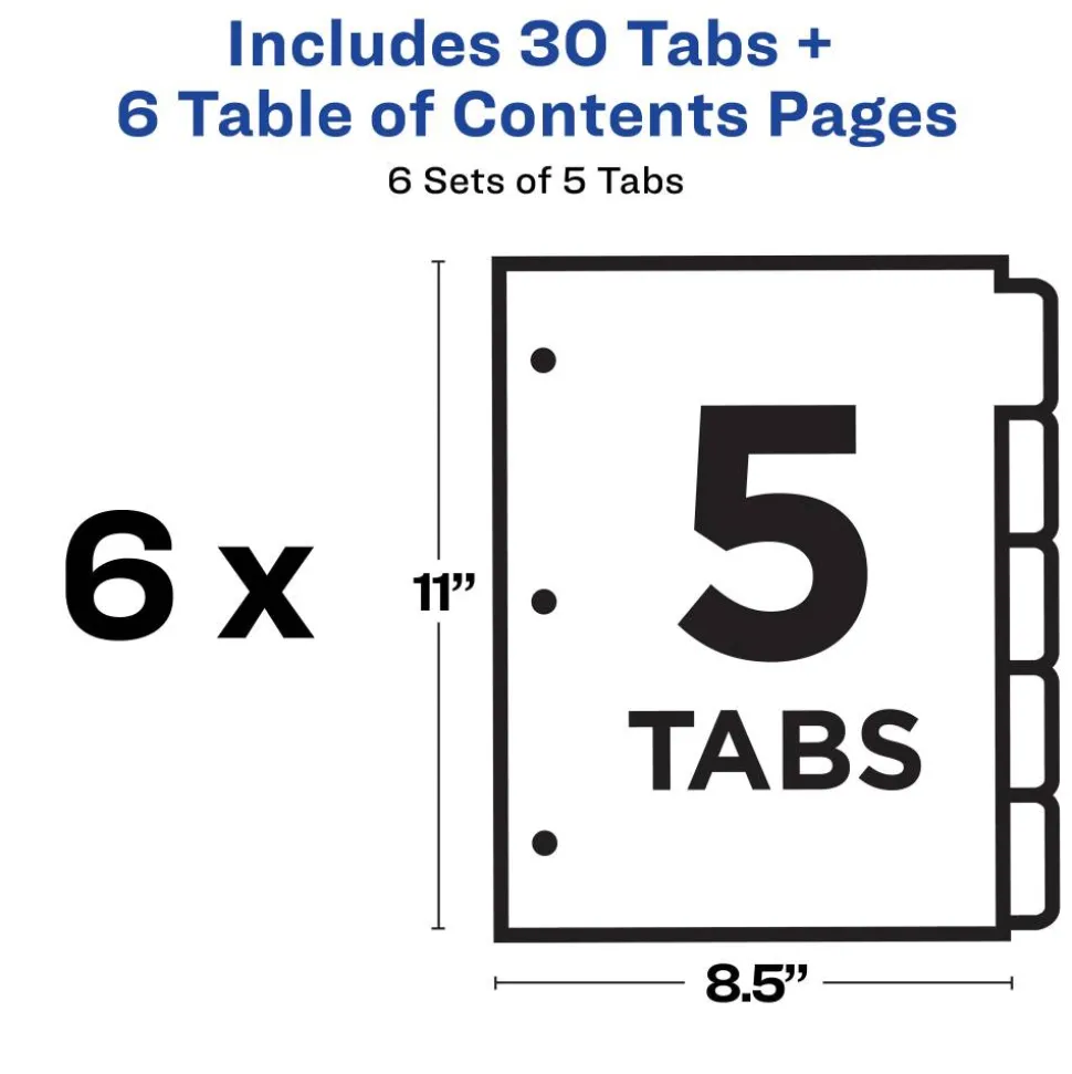 Avery Ready Index 1-5 Tab Binder Dividers With Customizable Table Of Contents, 8-1/2" x 11", 5 Tab, White/Multicolor, Pack Of 6 Sets
