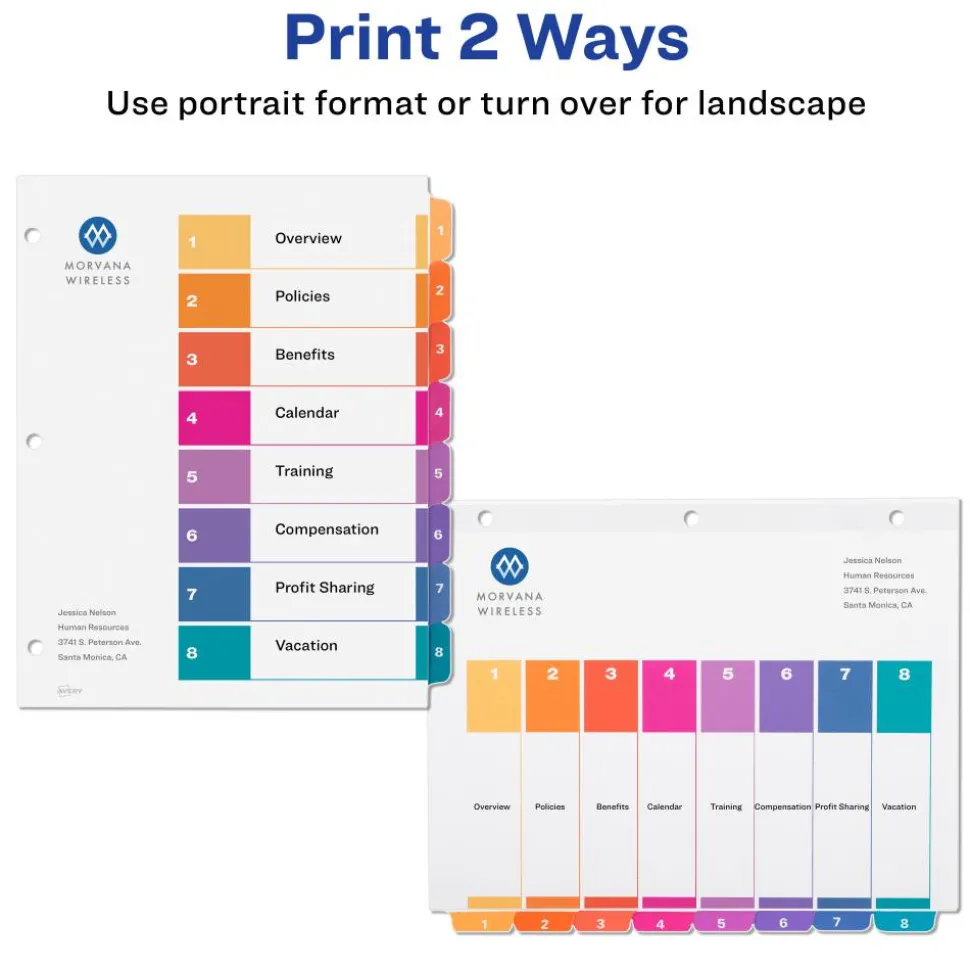 Avery Ready Index 1-8 Tab Binder Dividers With Customizable Table Of Contents, 8-1/2" x 11", 8 Tab, White/Multicolor, Box Of 24 Sets