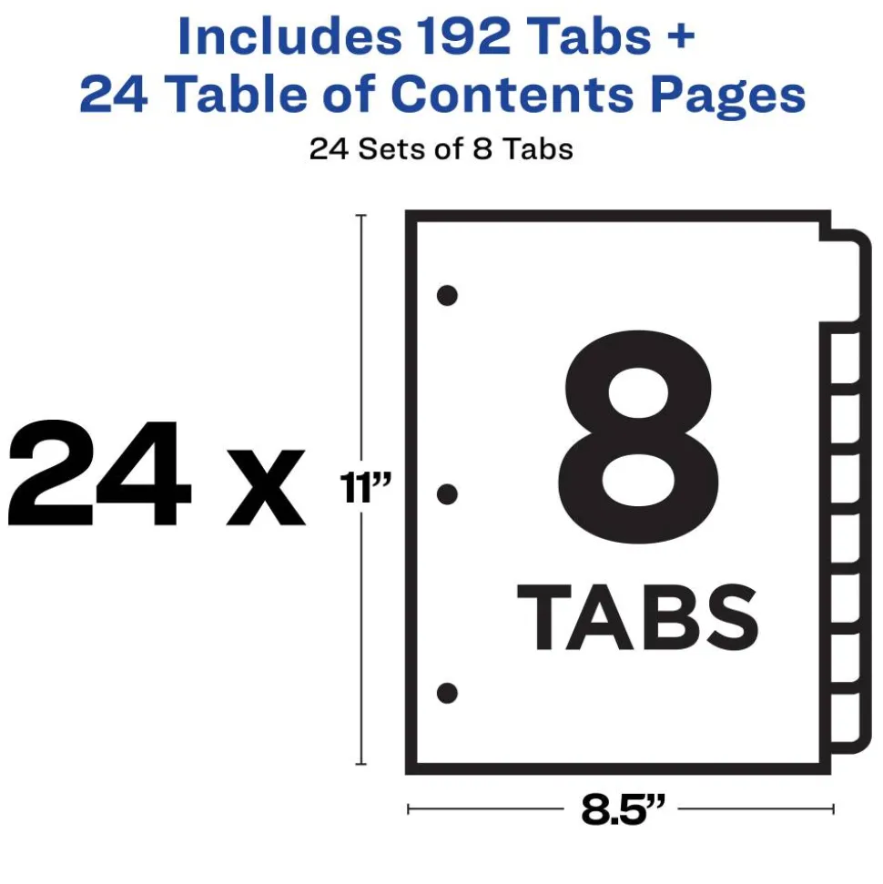 Avery Ready Index 1-8 Tab Binder Dividers With Customizable Table Of Contents, 8-1/2" x 11", 8 Tab, White/Multicolor, Box Of 24 Sets