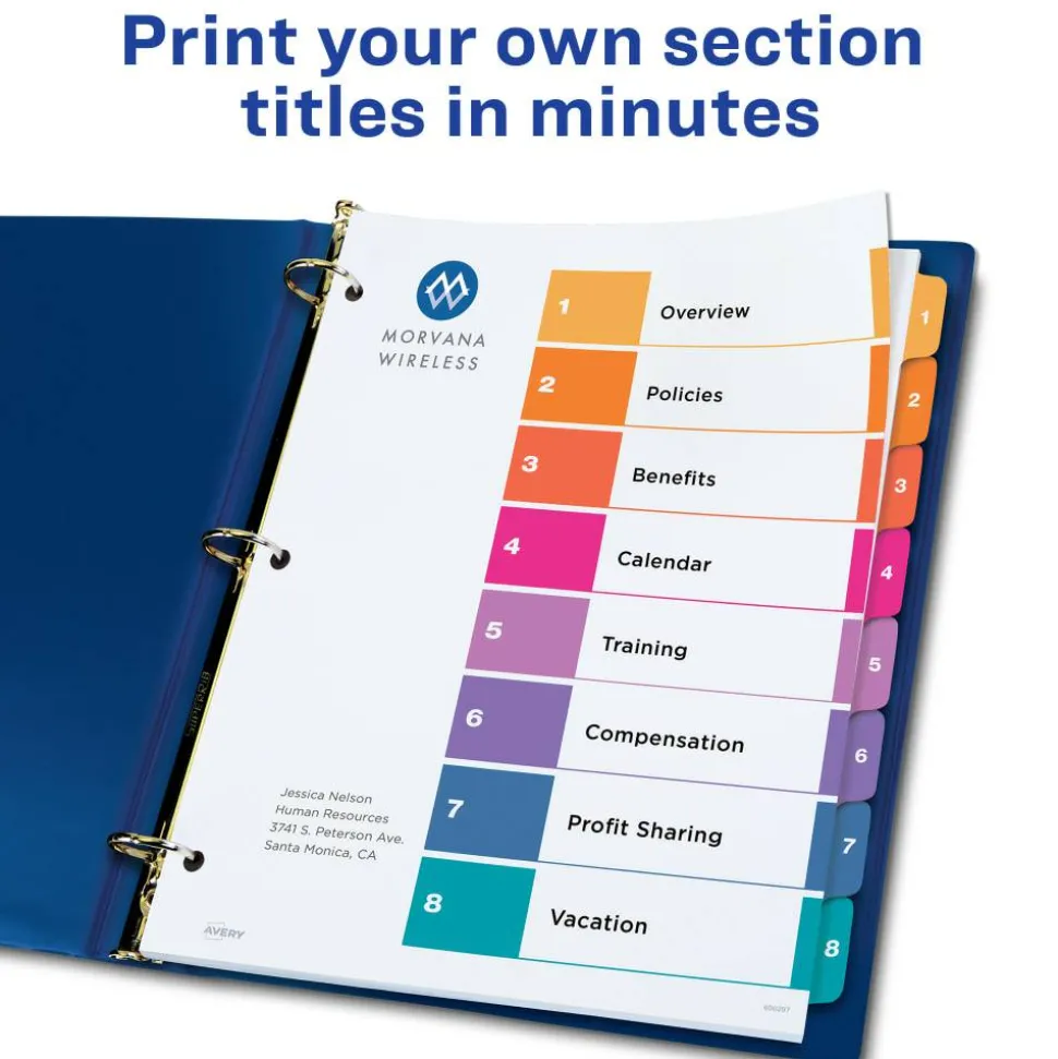 Avery Ready Index 1-8 Tab Binder Dividers With Customizable Table Of Contents, 8-1/2" x 11", 8 Tab, White/Multicolor, Box Of 24 Sets