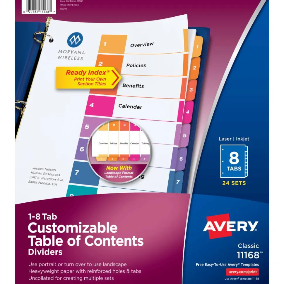Avery Ready Index 1-8 Tab Binder Dividers With Customizable Table Of Contents, 8-1/2" x 11", 8 Tab, White/Multicolor, Box Of 24 Sets