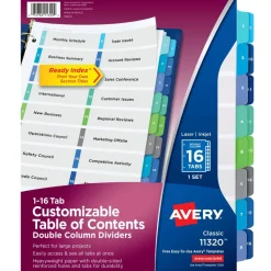 Avery Ready Index 1-16 Tab Double Column Binder Dividers With Customizable Table Of Contents, 8-1/2