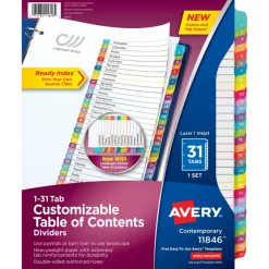 Avery Ready Index 1-31 Tab With Customizable Table Of Contents Binder Dividers, 8-1/2" x 11", 31 Tab, White/Multicolor, 1 Set