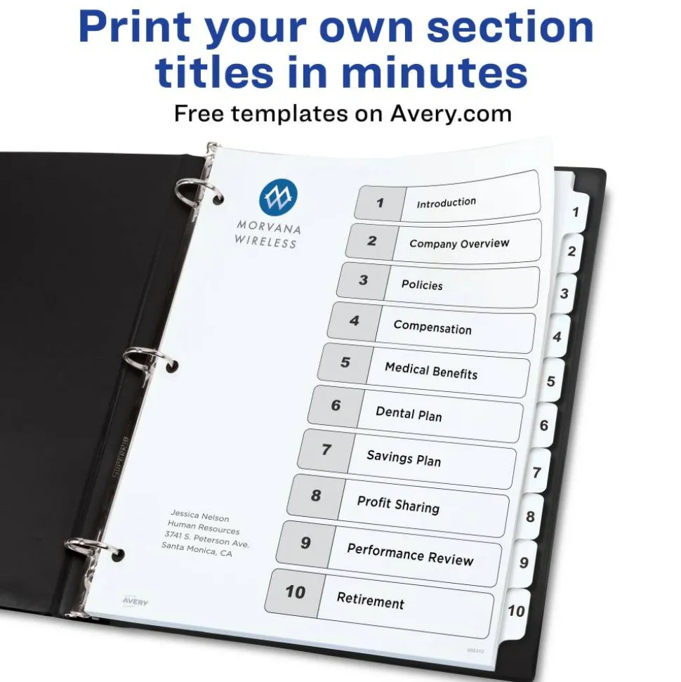 Avery Ready Index 1-10 Tab With Customizable Table Of Contents Dividers, Letter Size, 10 Tab, White, 1 Set