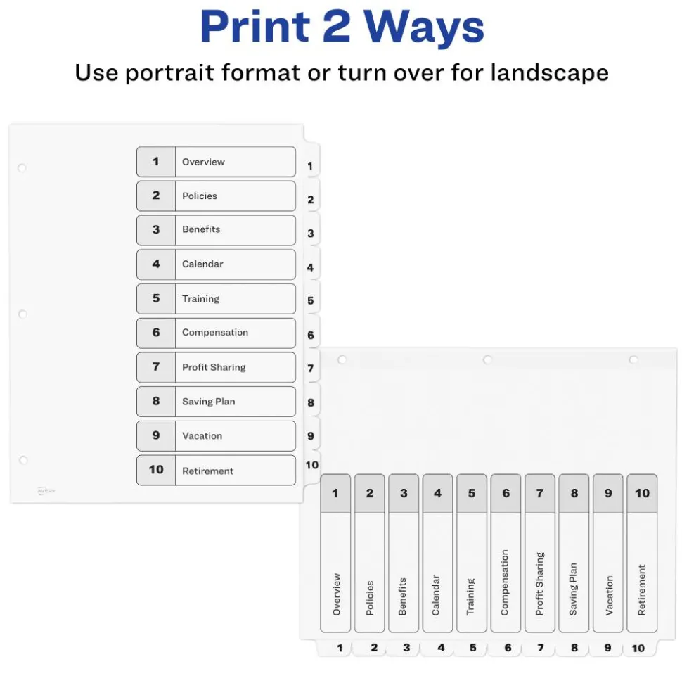 Avery Ready Index 1-10 Tab With Customizable Table Of Contents Dividers, Letter Size, 10 Tab, White, 1 Set