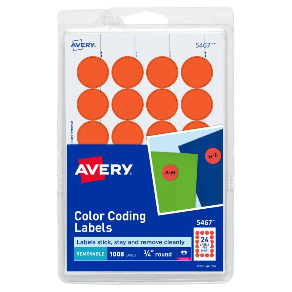 Avery Removable Color-Coding Labels, 5467, Round, 3/4" Diameter, Neon Red, Pack Of 1,008