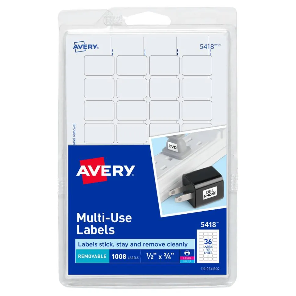 Avery Removable Labels, 5418, Rectangle, 1/2" x 3/4", White, Pack Of 1,008