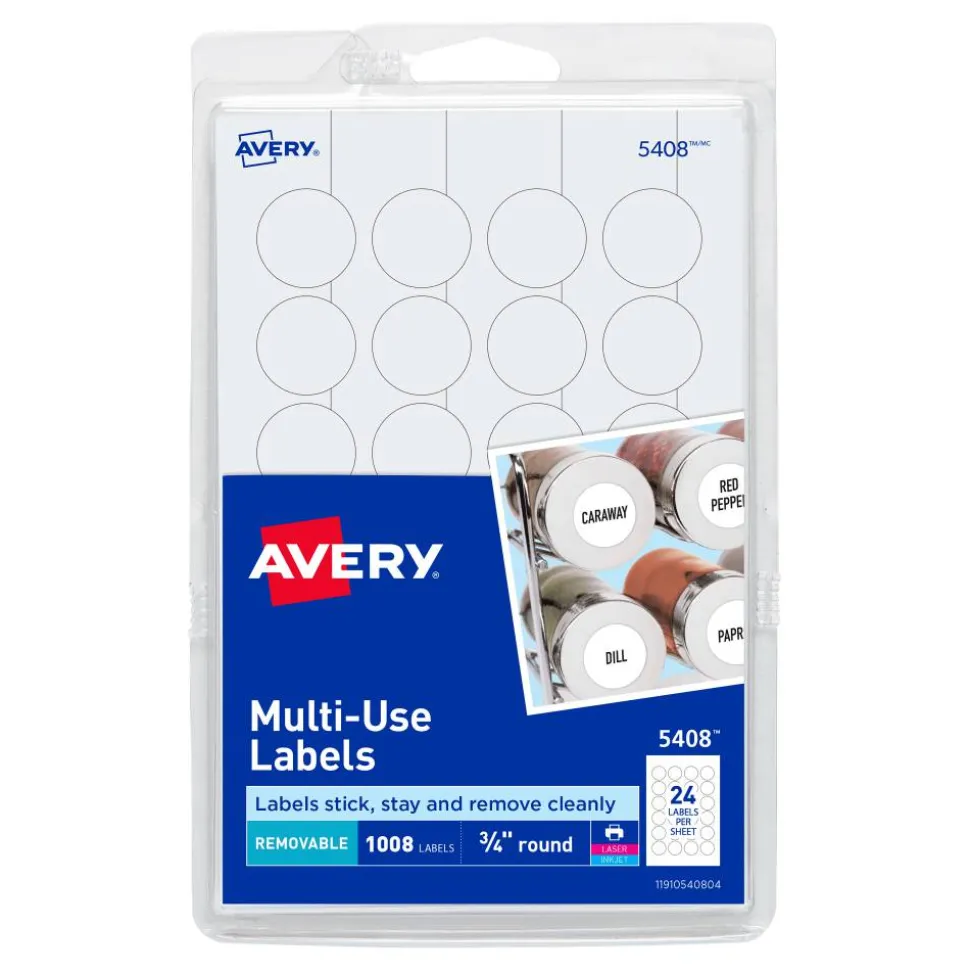 Avery Removable Multipurpose Labels, 5408, Round, 3/4" Diameter, White, Pack Of 1,008