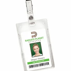 Avery Secure Top Badge Holders, For 3-1/2" x 2-1/4" Badge, Portrait With Clip, Clear, Box Of 50