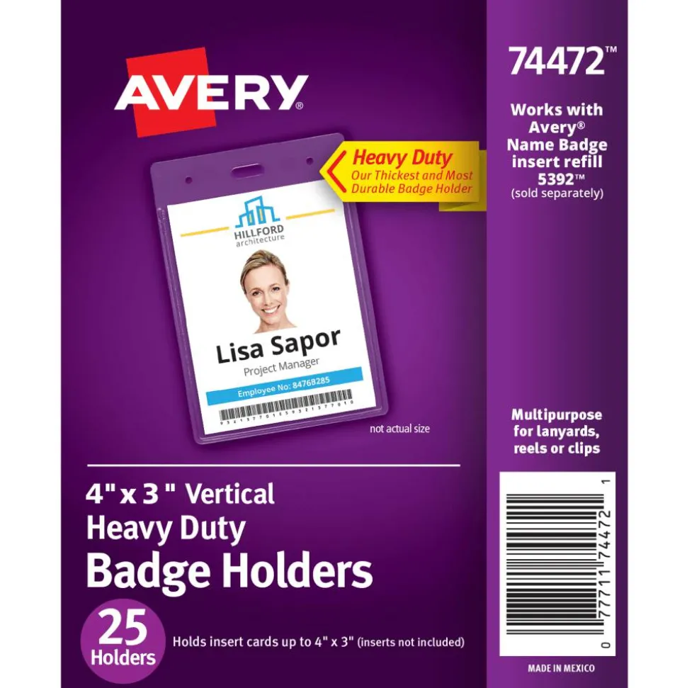 Avery Secure Top Badge Holders, Vertical Prepunched, 4" x 3" Badge, Clear, Box Of 25