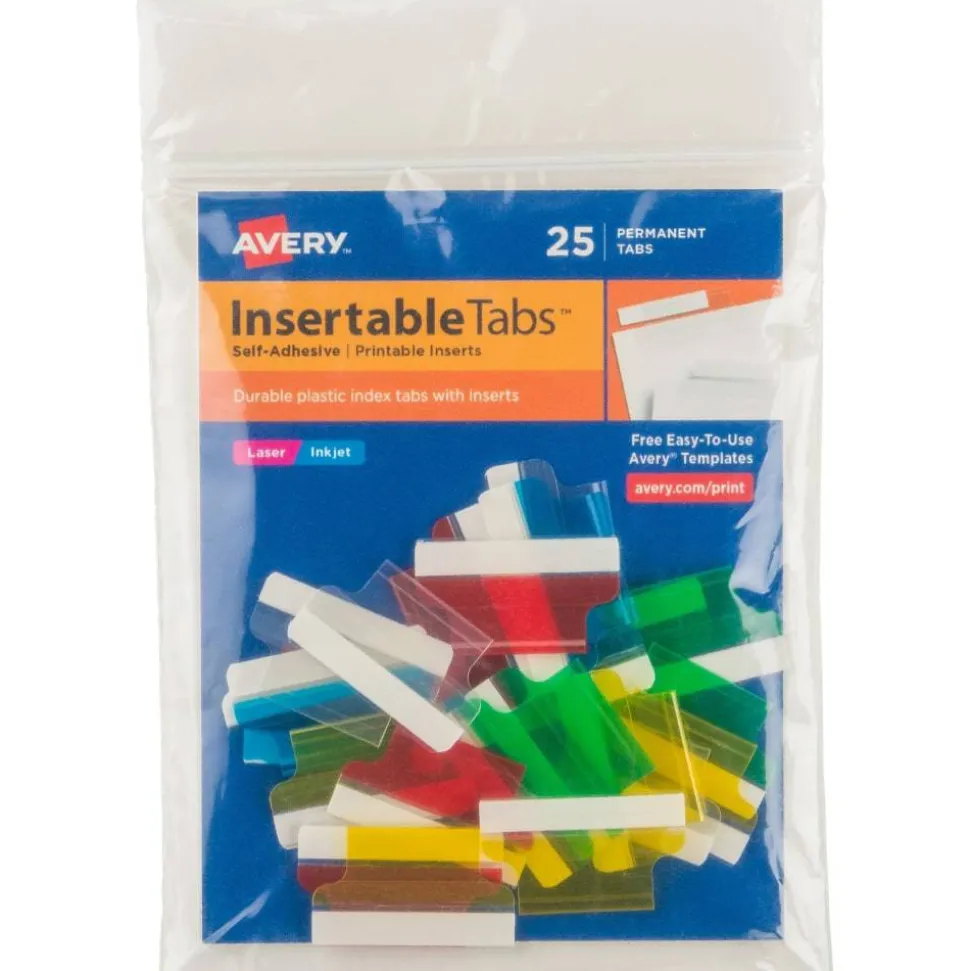 Avery Self-Adhesive Index Tabs With Printable Inserts, 1", Assorted, Pack Of 25