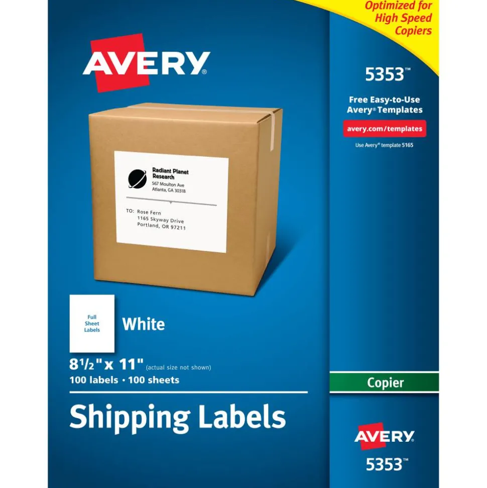 Avery Shipping Labels for Copiers, 8-1/2" x 11" , 100 Labels (5353)