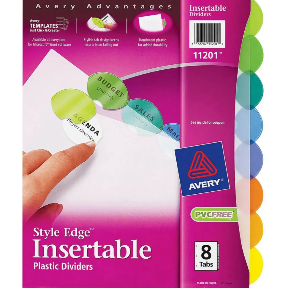Avery Style Edge Insertable Plastic Dividers, Multicolor, 8-Tab, Pack Of 8 Dividers
