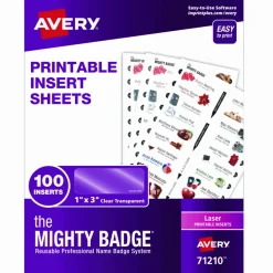 Avery The Mighty Badge Name Badge Inserts, 1 x 3, Clear, Laser, 20/Sheet, 5 Sheets/Pack