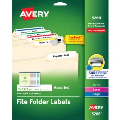 Avery TrueBlock Permanent Inkjet/Laser File Folder Labels, 5266, 2/3