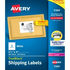Avery TrueBlock Shipping Labels With Sure Feed Technology, 5164, Rectangle, 3 1/3