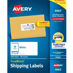 Avery TrueBlock Shipping Labels With Sure Feed Technology, 8463, Rectangle, 2" x 4", White, Pack Of 1,000