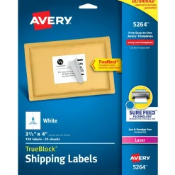 Avery TrueBlock Shipping Labels With Sure Feed Technology, 5264, Rectangle, 3 1/3
