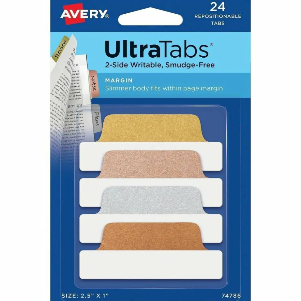 Avery UltraTabs Repositionable Margin Tabs - Write-on Tab(s) - 1" Tab Height x 2.50" Tab Width - Gold, Silver, Rose Gold, Copper Tab(s) - 24 / Pack