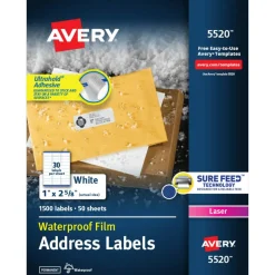 Avery Waterproof Address Labels With Ultrahold, 5520, Rectangle, 1