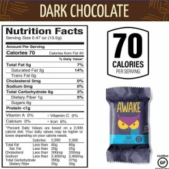 Awake Caffeinated Dark Chocolate Bites, 0.47 oz Bars, 50 Bars/Carton