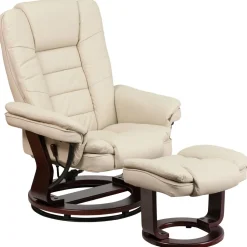 Bali Contemporary Multi-Position Recliner with Horizontal Stitching and Ottoman with Swivel Mahogany Wood Base in Beige LeatherSoft
