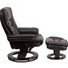 Bali Contemporary Multi-Position Recliner with Horizontal Stitching and Ottoman with Swivel Mahogany Wood Base in Brown LeatherSoft