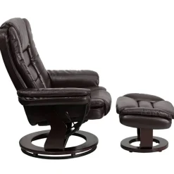 Bali Contemporary Multi-Position Recliner with Horizontal Stitching and Ottoman with Swivel Mahogany Wood Base in Brown LeatherSoft
