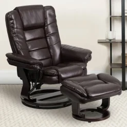 Bali Contemporary Multi-Position Recliner with Horizontal Stitching and Ottoman with Swivel Mahogany Wood Base in Brown LeatherSoft