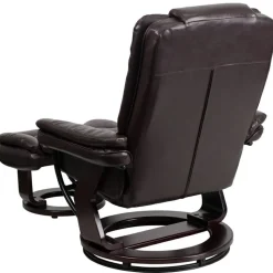 Bali Contemporary Multi-Position Recliner with Horizontal Stitching and Ottoman with Swivel Mahogany Wood Base in Brown LeatherSoft