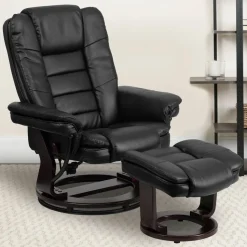 Bali Contemporary Multi-Position Recliner with Horizontal Stitching and Ottoman with Swivel Mahogany Wood Base in Black LeatherSoft