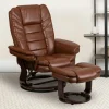 Bali Contemporary Multi-Position Recliner with Horizontal Stitching and Ottoman with Swivel Mahogany Wood Base in Brown Vintage Leather