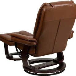 Bali Contemporary Multi-Position Recliner with Horizontal Stitching and Ottoman with Swivel Mahogany Wood Base in Brown Vintage Leather