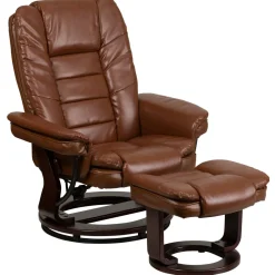 Bali Contemporary Multi-Position Recliner with Horizontal Stitching and Ottoman with Swivel Mahogany Wood Base in Brown Vintage Leather