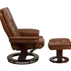 Bali Contemporary Multi-Position Recliner with Horizontal Stitching and Ottoman with Swivel Mahogany Wood Base in Brown Vintage Leather