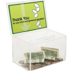 Ballot/Coin Box, 8-1/8"H x 6"W x 4-3/8"D, Clear