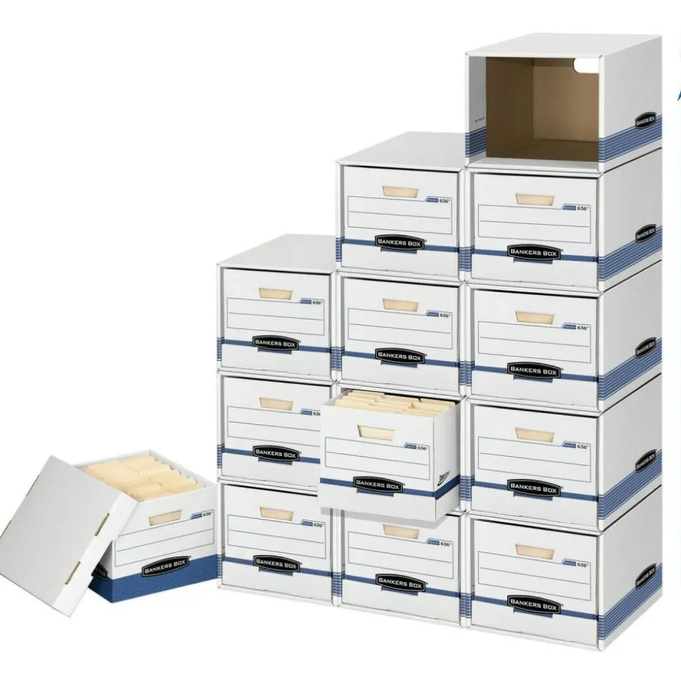 Bankers Box File/Cube Storage Box Shells, Letter/Legal, 15" x 12" x 10", 60% Recycled, White/Blue, Pack Of 6