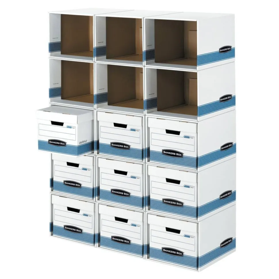 Bankers Box File/Cube Storage Box Shells, Letter/Legal, 15" x 12" x 10", 60% Recycled, White/Blue, Pack Of 6