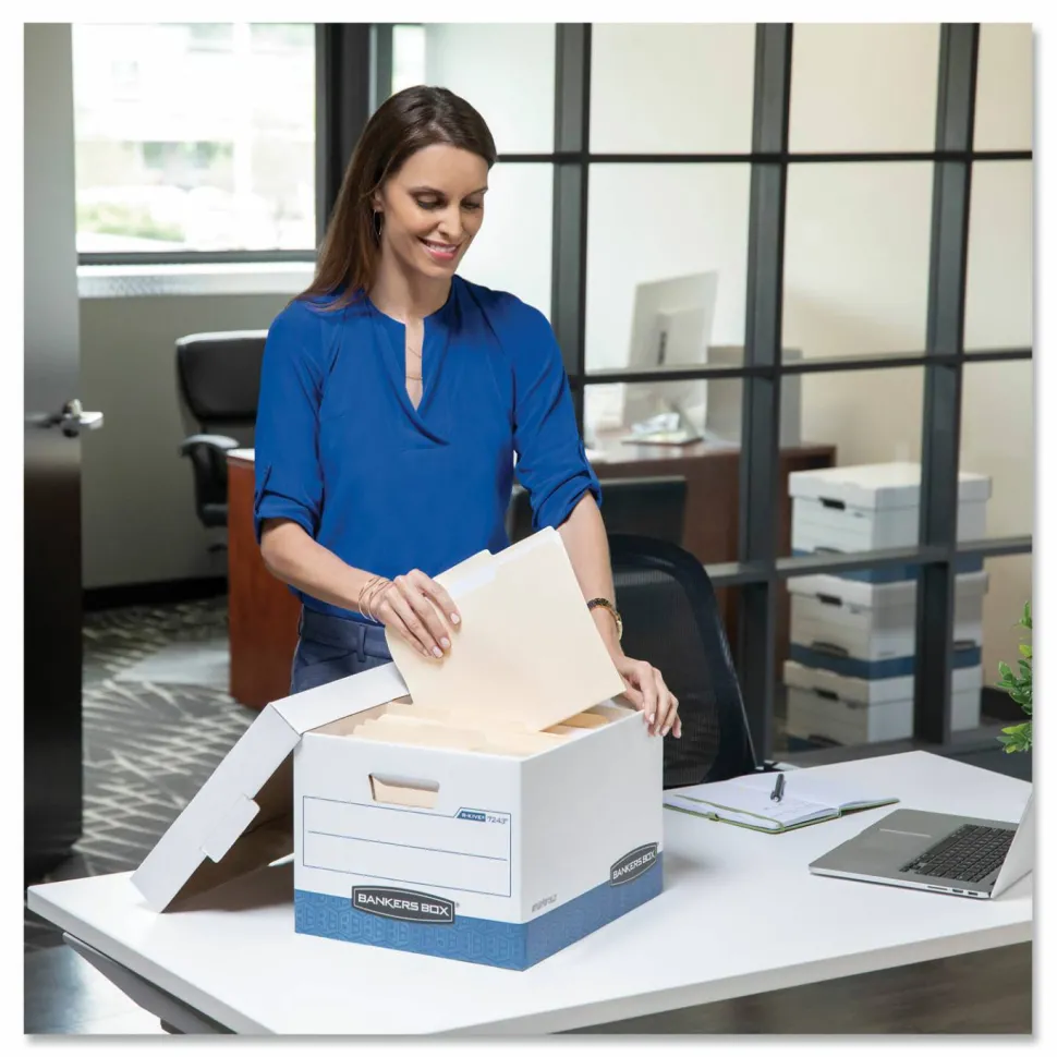 Bankers Box Hang'N'Stor Medium-Duty Storage Boxes, Letter Size, 15" x 12 1/4" x 9 3/4", White/Blue, Case Of 4 - 784