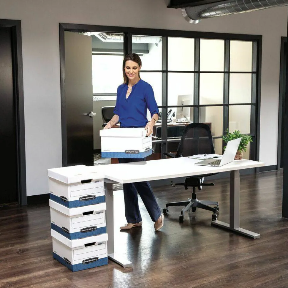 Bankers Box Hang'N'Stor Medium-Duty Storage Boxes, Letter Size, 15" x 12 1/4" x 9 3/4", White/Blue, Case Of 4 - 784