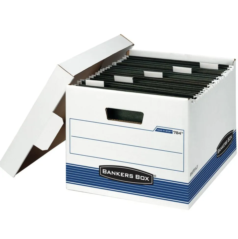 Bankers Box Hang'N'Stor Medium-Duty Storage Boxes, Letter Size, 15" x 12 1/4" x 9 3/4", White/Blue, Case Of 4 - 784