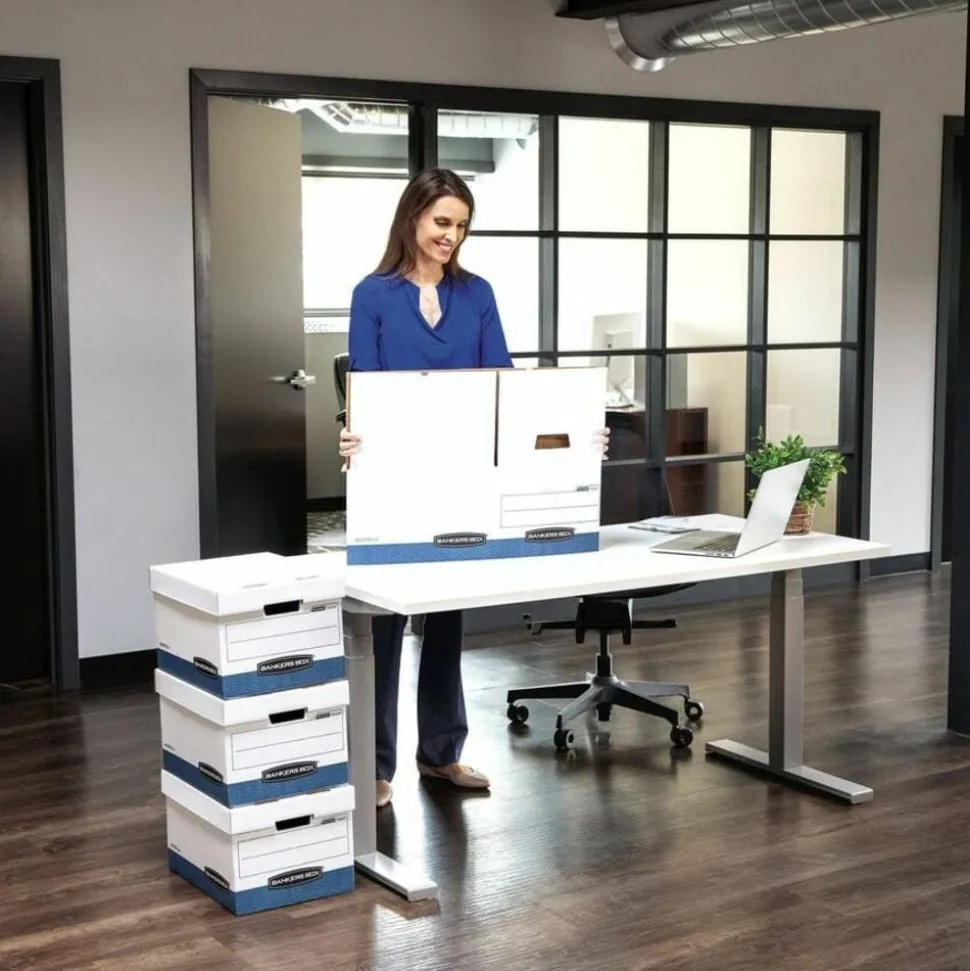 Bankers Box Hang'N'Stor Medium-Duty Storage Boxes, 15 1/2" x 12" x 10", Letter/Legal Size, White/Blue, Case Of 4 - 785
